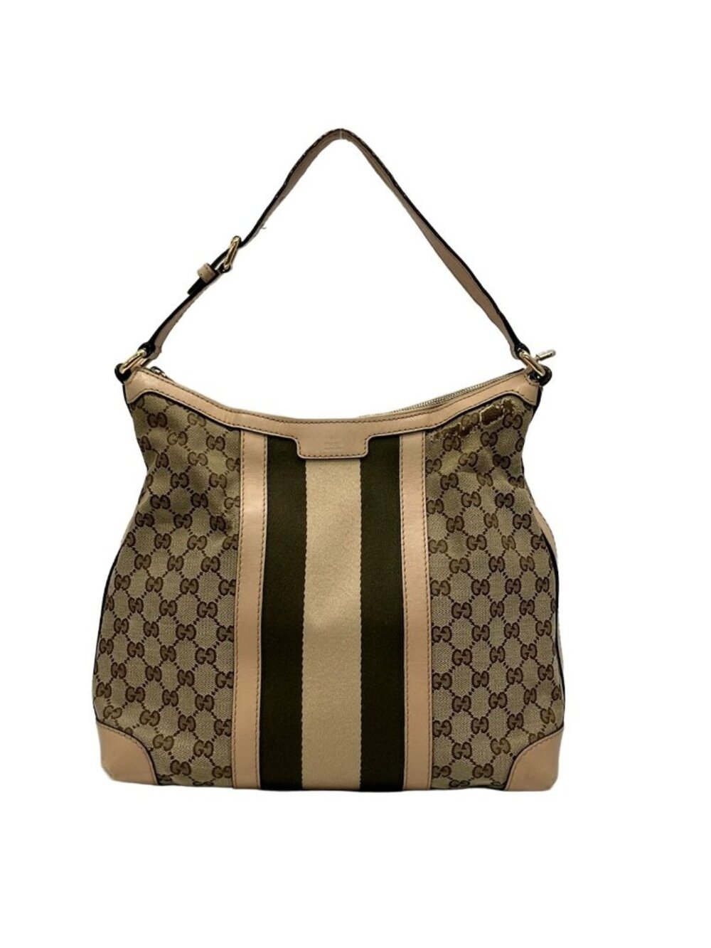 Gucci Shoulder Bag GG Pattern Beige Dark Brown Leather
